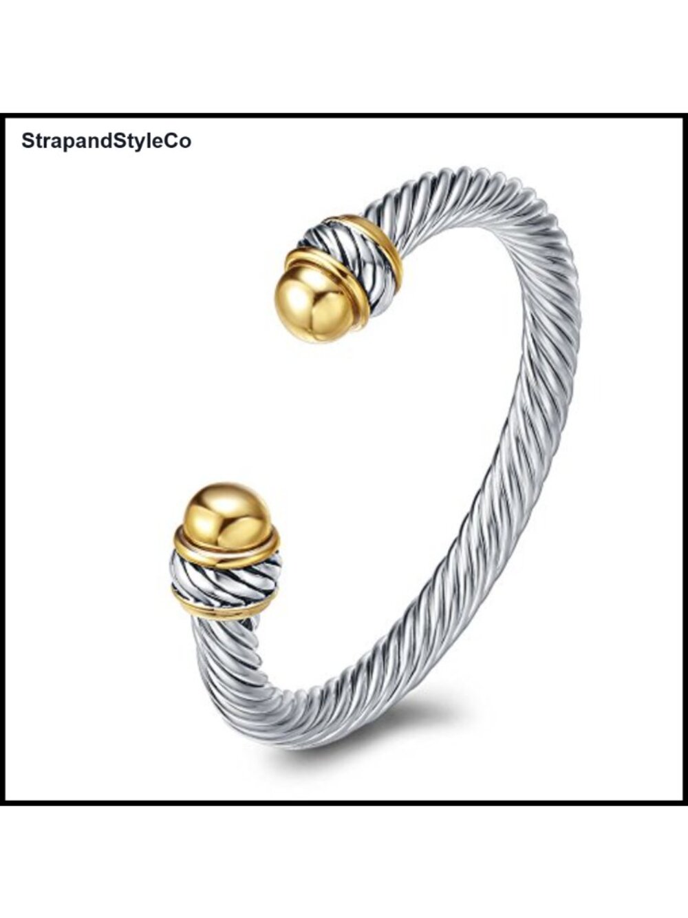 Two Tone Twisted Wire Rope Open Cuff Bracelet with Imitation Pearl Ends